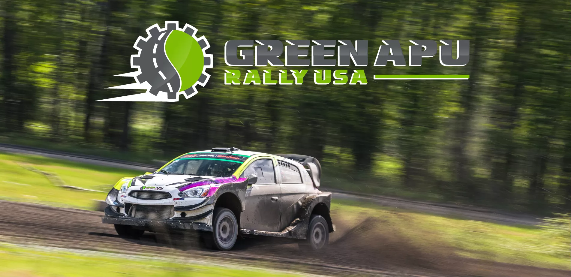 Green APU Rally Racing Car drifting through dirt corner