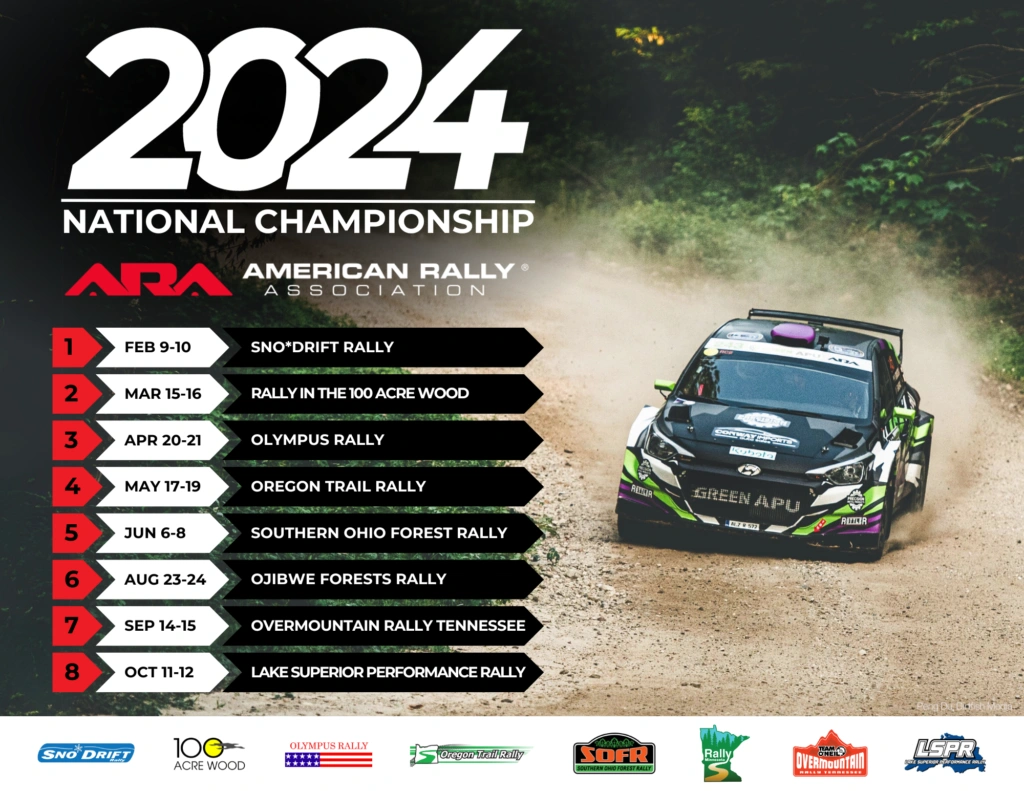 2024 ARA Rally racing schedule with Green APU Rally car on dirt race track